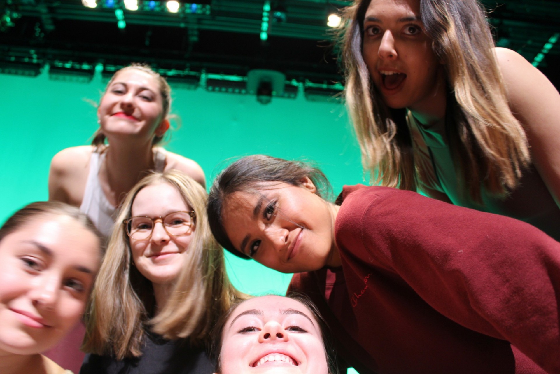 Board members selfie onstage at tech rehearsals Spring 2019