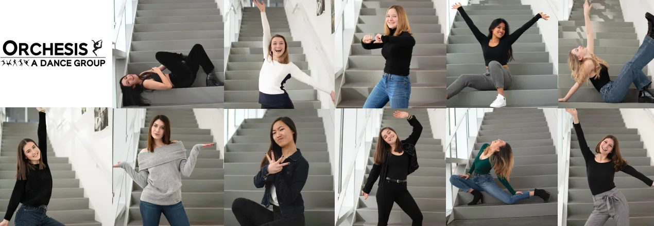 Collage of silly photographs of Orchesis Board 2019 members.