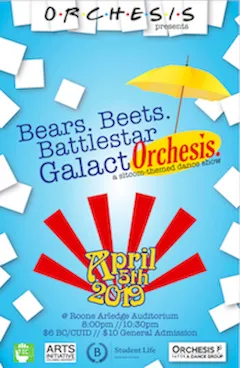 Promotional poster for Spring 2019 show, Bears. Beets. Battlestar GalactOrchesis.